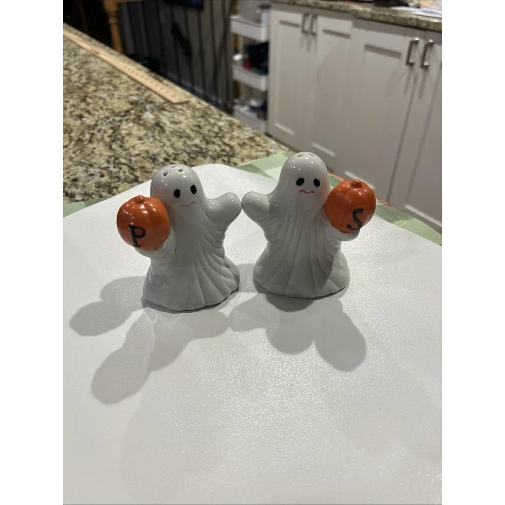Vintage Set of Halloween, Ghost with Pumpkin, Salt and Pepper Shakers